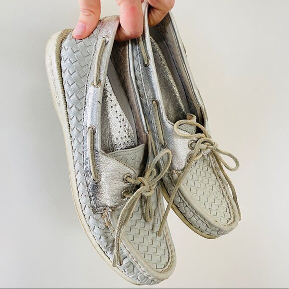 Sperry Top Sider Leather Loafers Woven Silver 9 - Picture 3 of 10